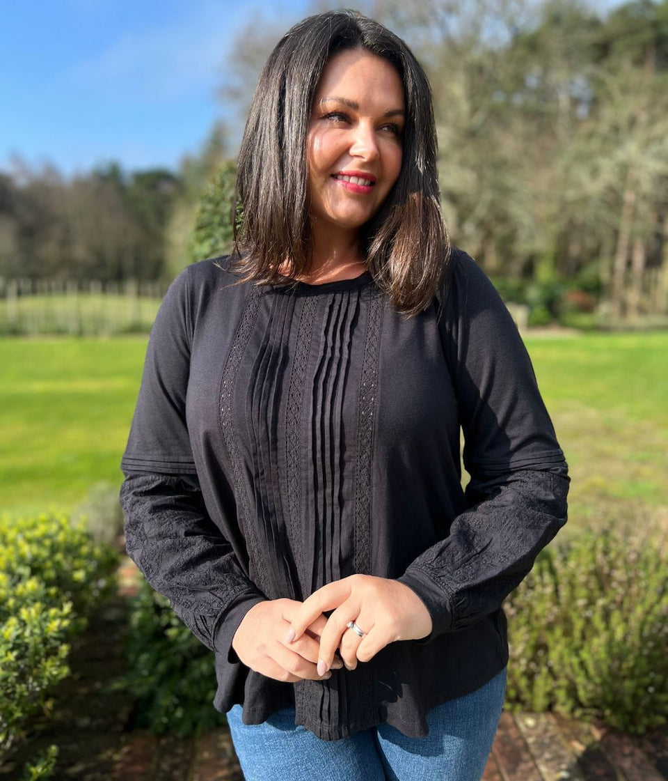 Black Pintuck Long Sleeve Top