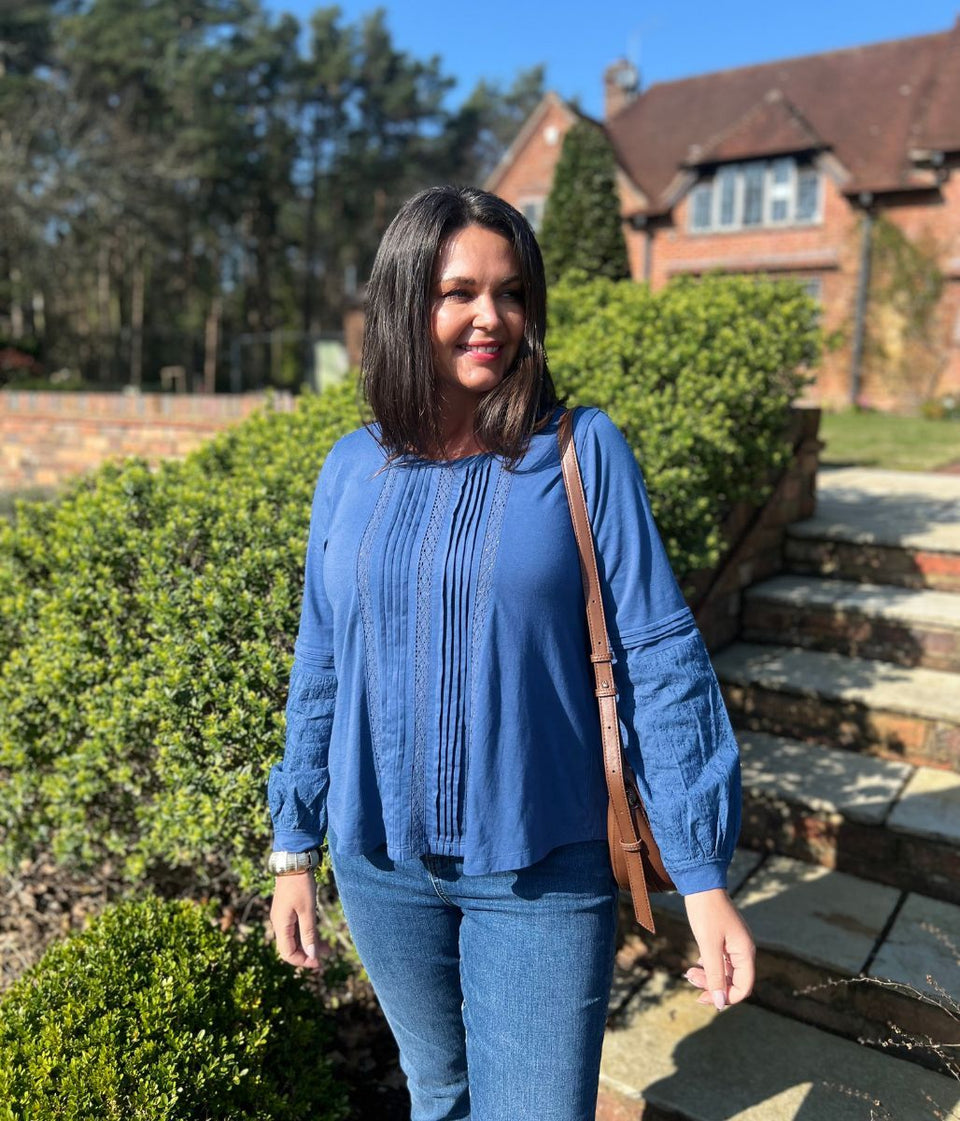 Blue Pintuck Long Sleeve Top