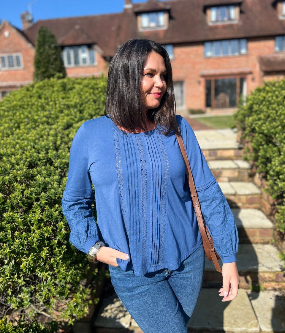 Blue Pintuck Long Sleeve Top