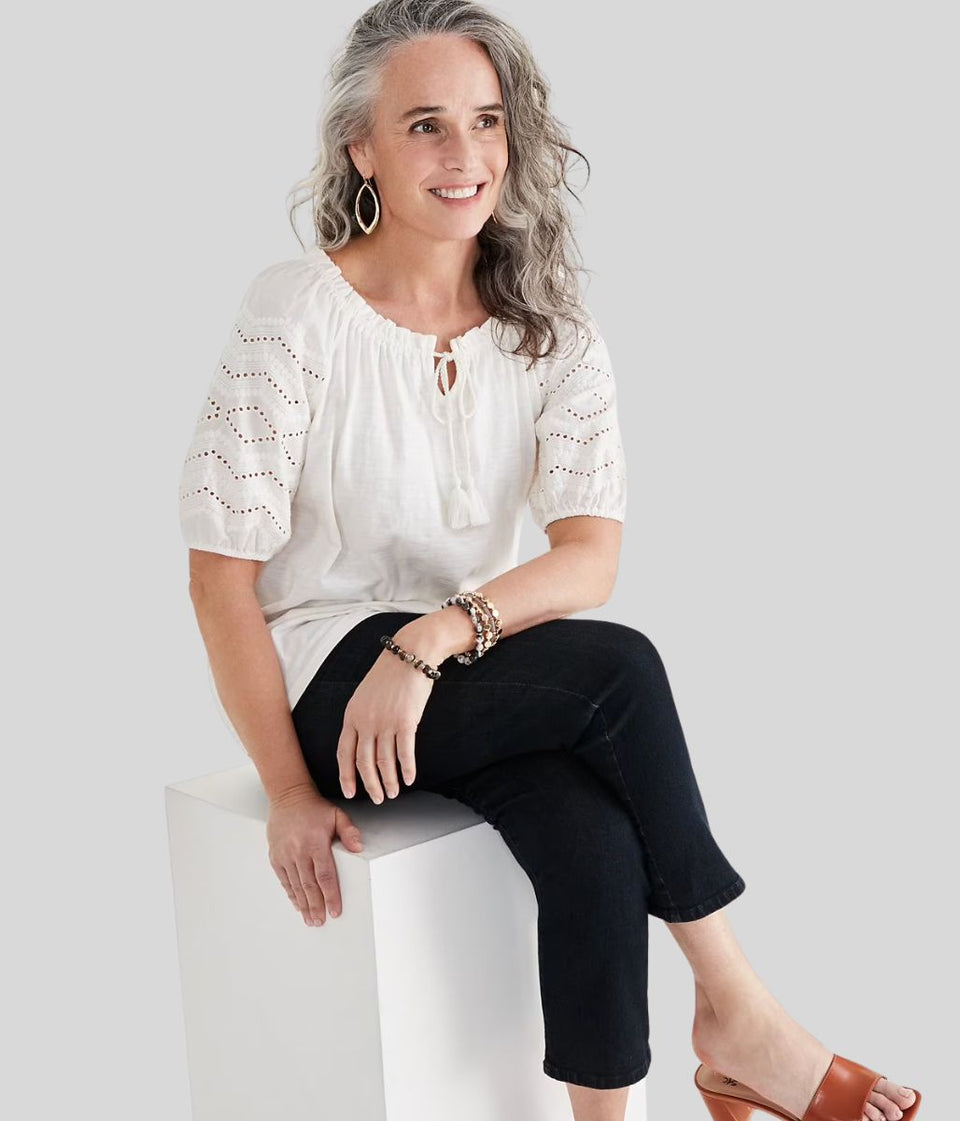 White Anglaise Sleeve Tassel Tie Top