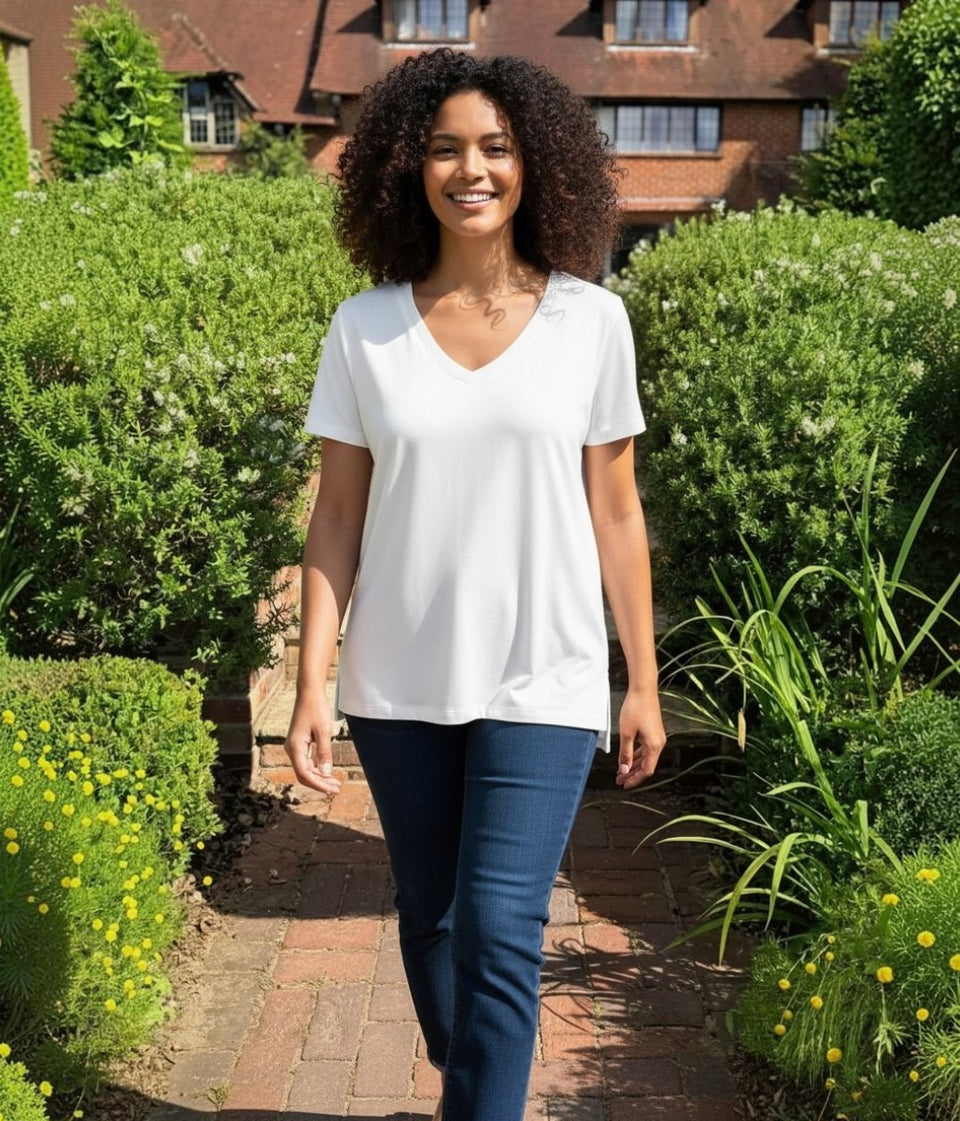White Cotton Modal Slouch V-Neck T-Shirt