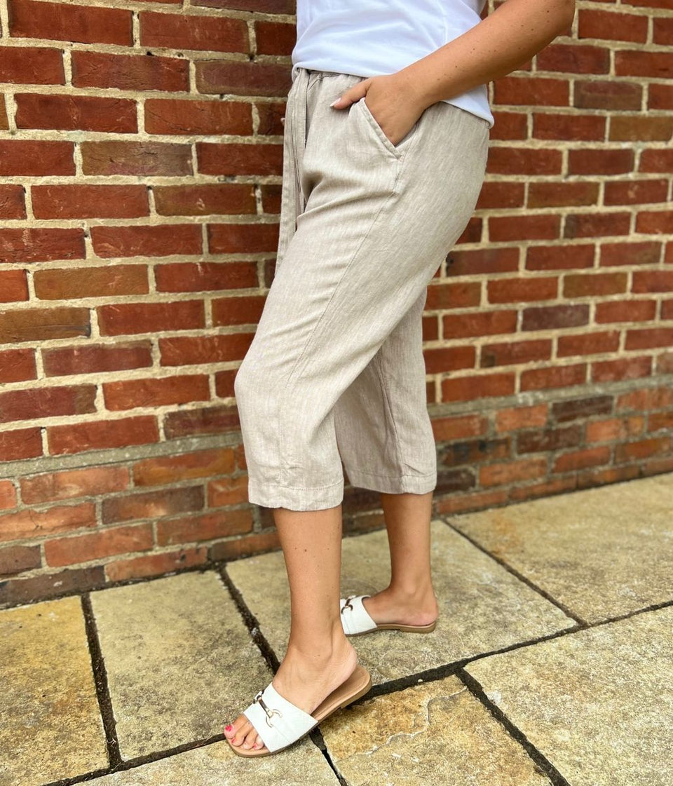 Oatmeal Linen Blend Crop Trousers