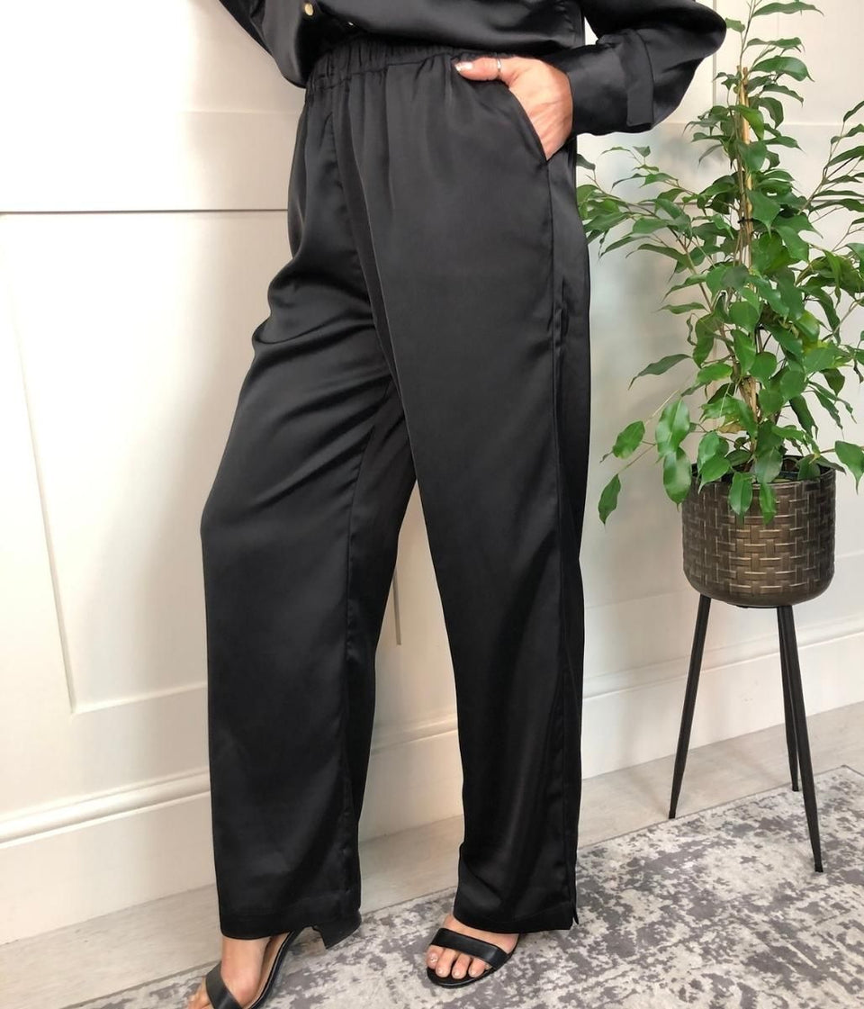 Rena Black Satin Wide Leg Trousers