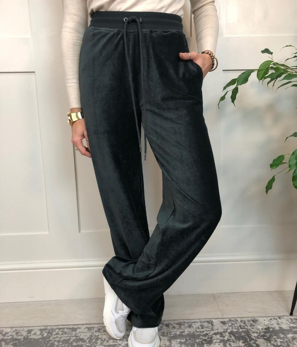 Dark Green Velour Wide Leg Joggers