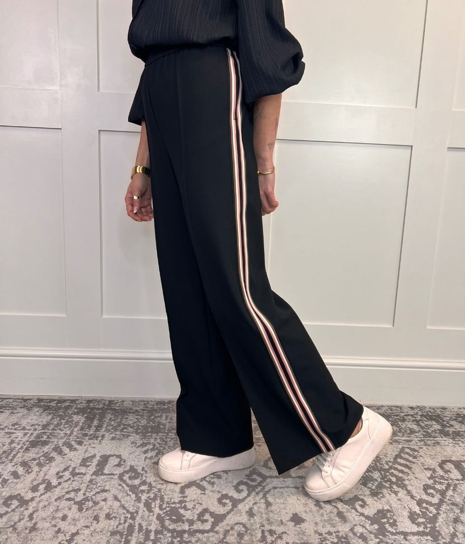 Black Double Side Stripe Wide Leg Trousers