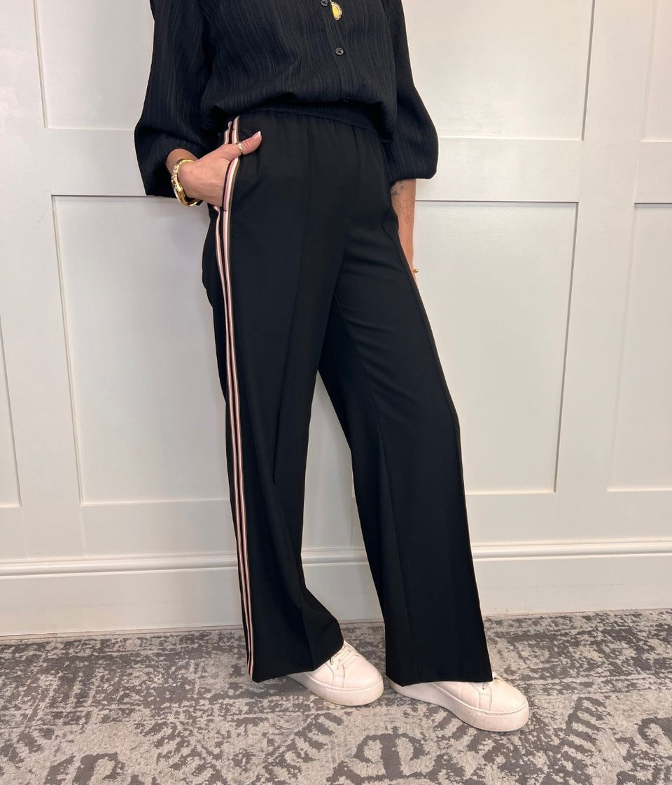 Black Double Side Stripe Wide Leg Trousers