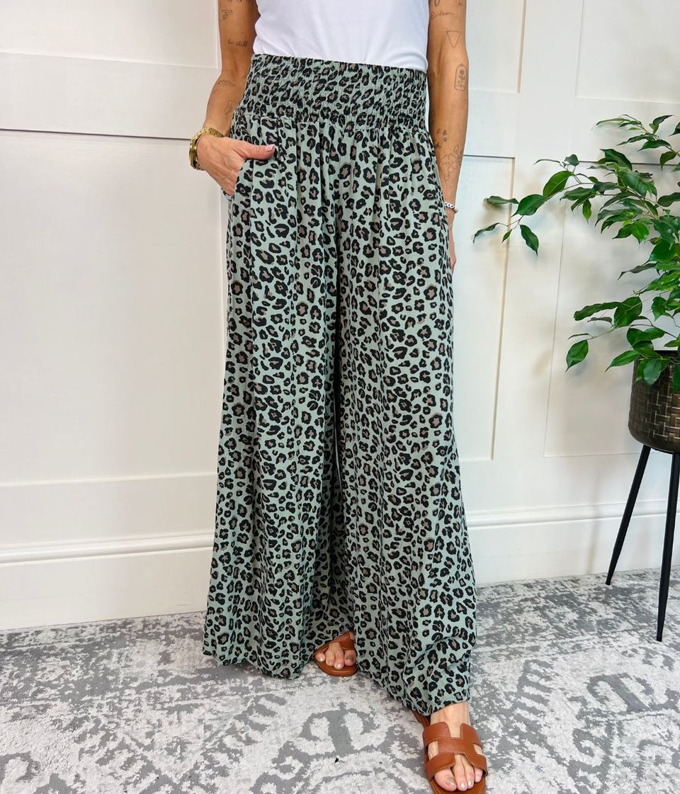 Khaki Animal Print Wide Leg Trousers