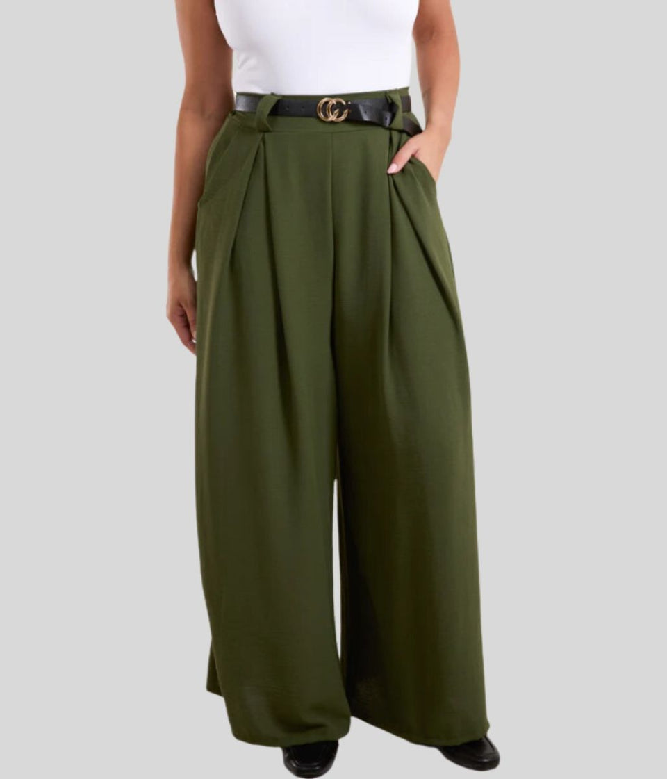 Khaki Belted Wide Leg Trousers