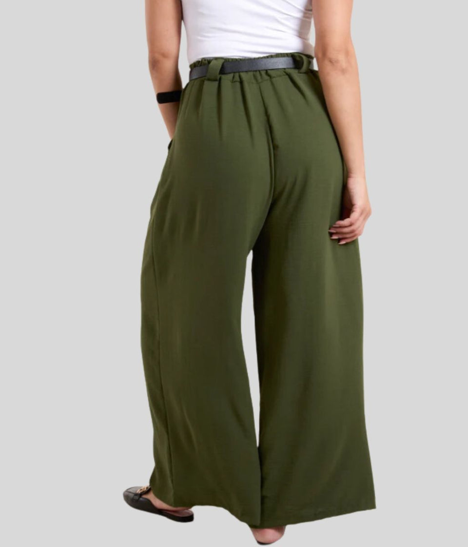 Khaki Belted Wide Leg Trousers