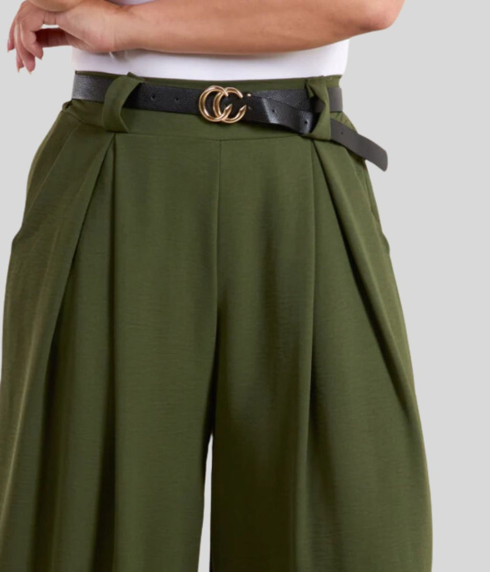 Khaki Belted Wide Leg Trousers