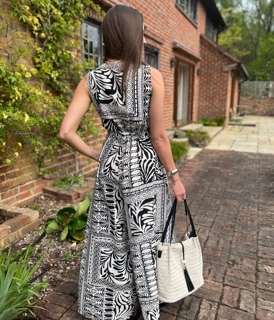 Black Geo Print Belted Jumpsuit