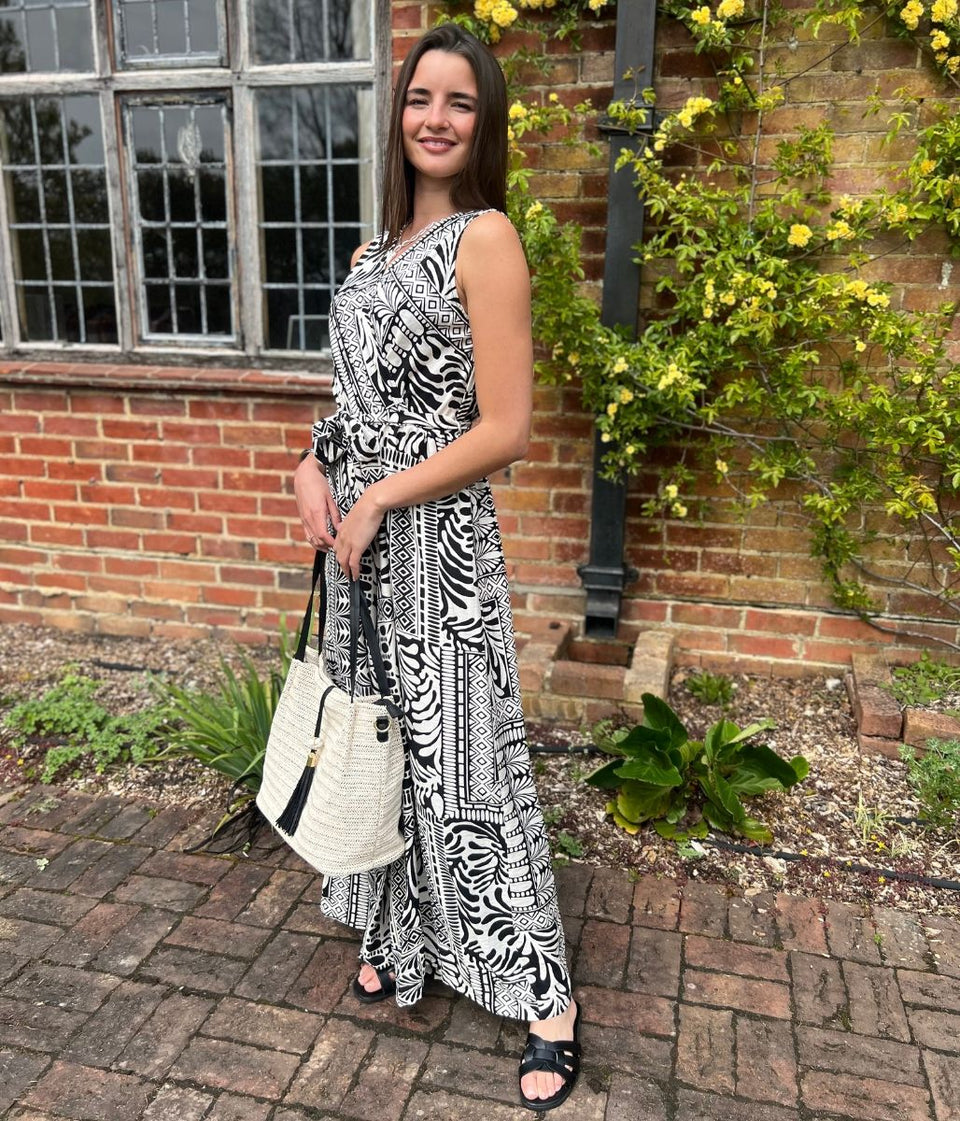 Black Geo Print Belted Jumpsuit