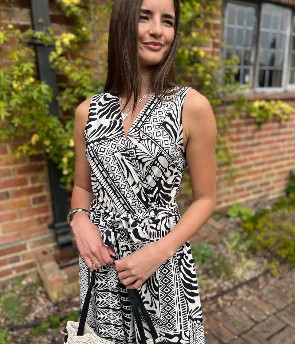 Black Geo Print Belted Jumpsuit