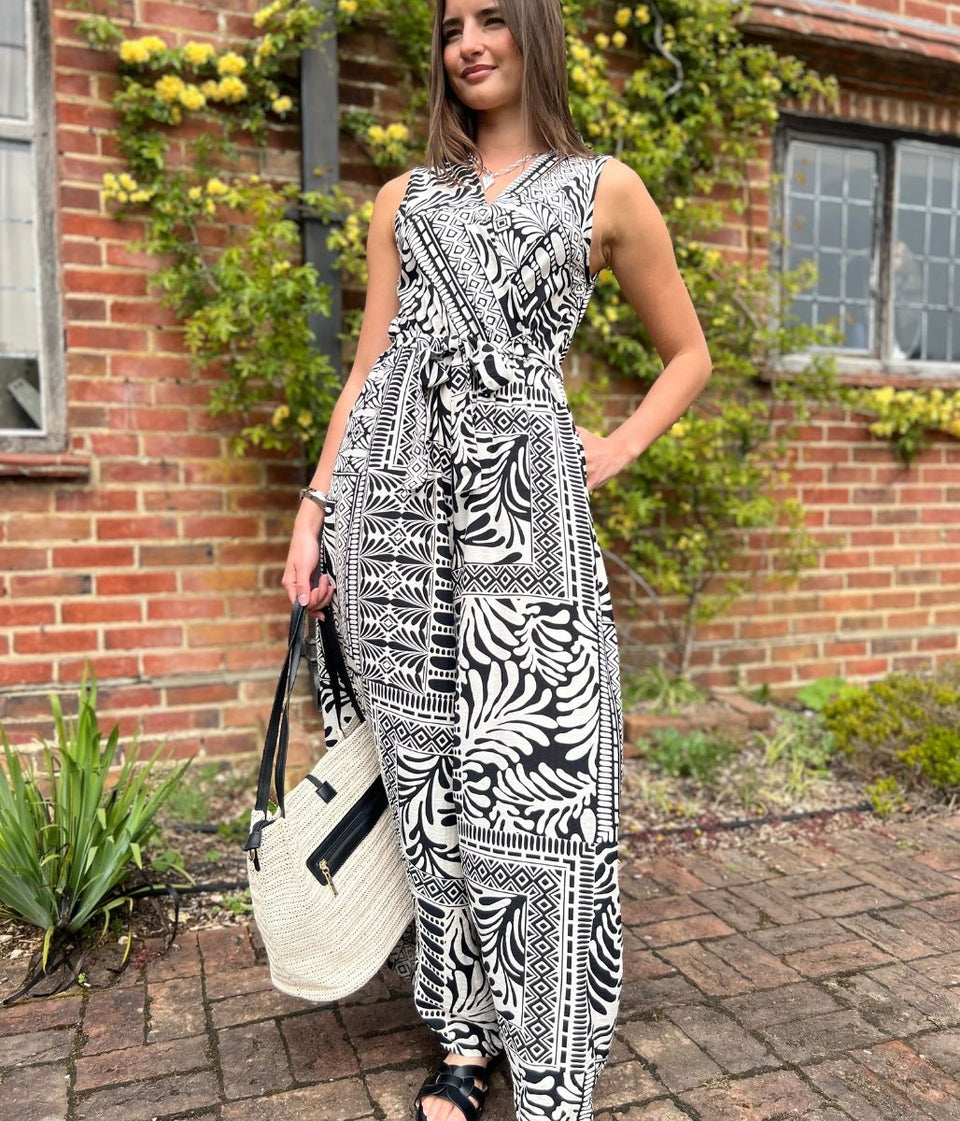 Black Geo Print Belted Jumpsuit
