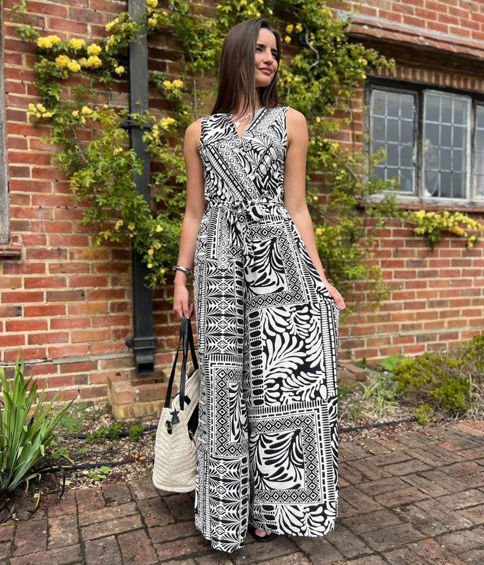 Black Geo Print Belted Jumpsuit
