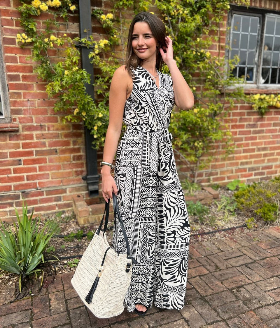 Black Geo Print Belted Jumpsuit