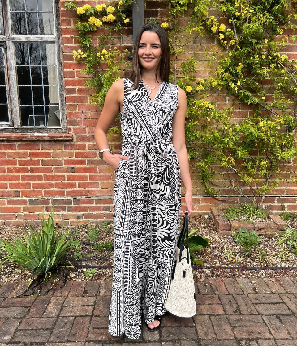 Black Geo Print Belted Jumpsuit