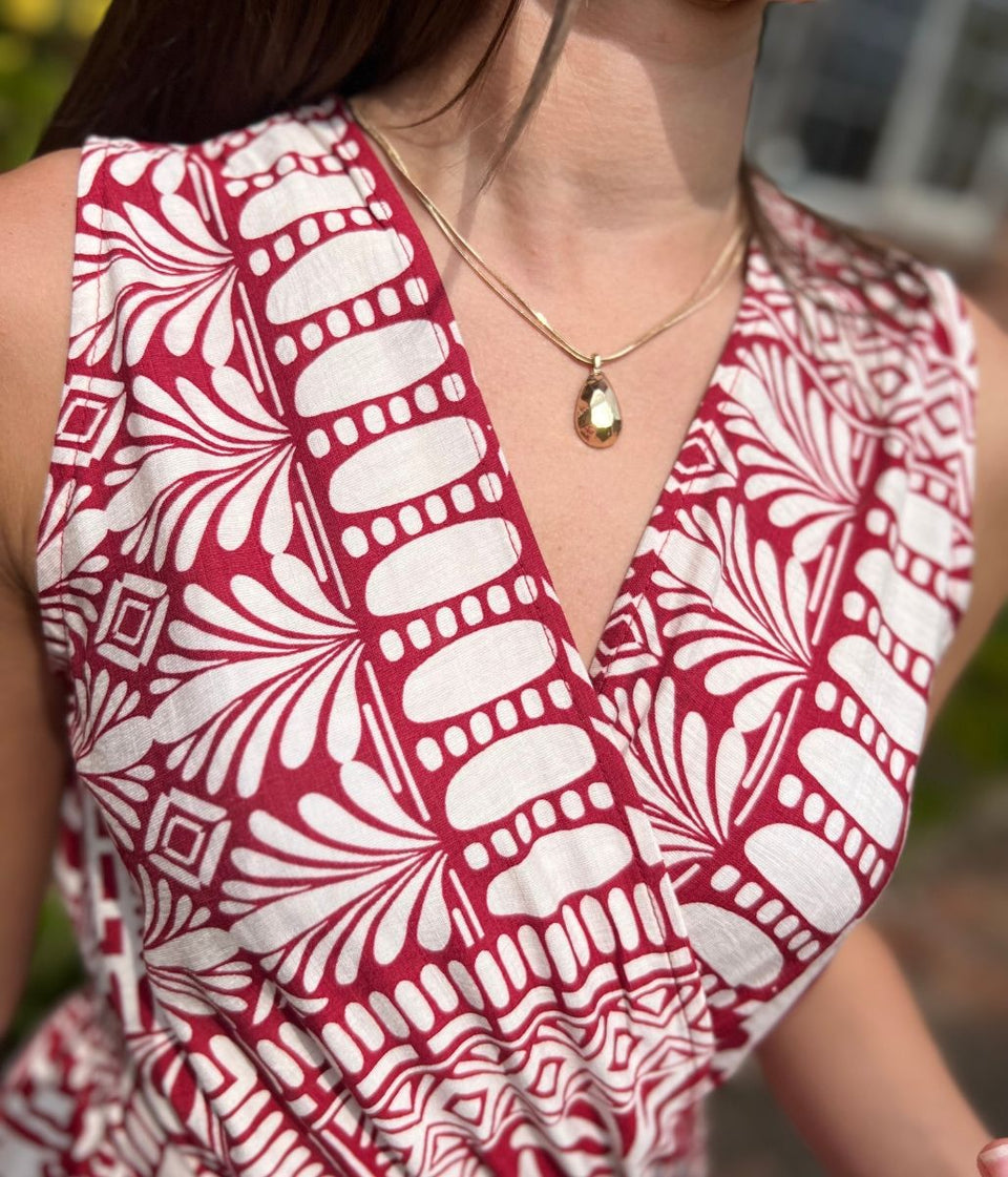 Red Geo Print Belted Jumpsuit