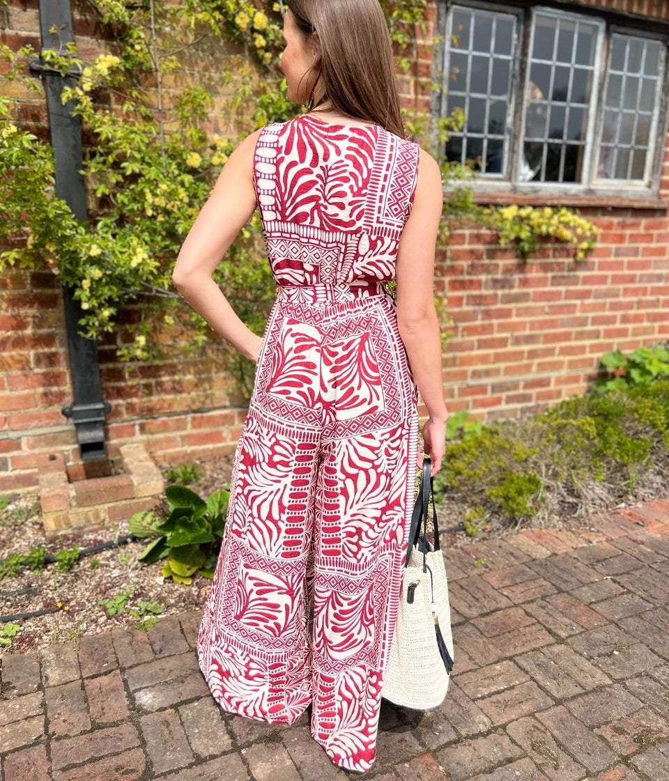 Red Geo Print Belted Jumpsuit