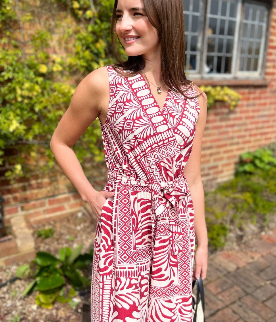 Red Geo Print Belted Jumpsuit