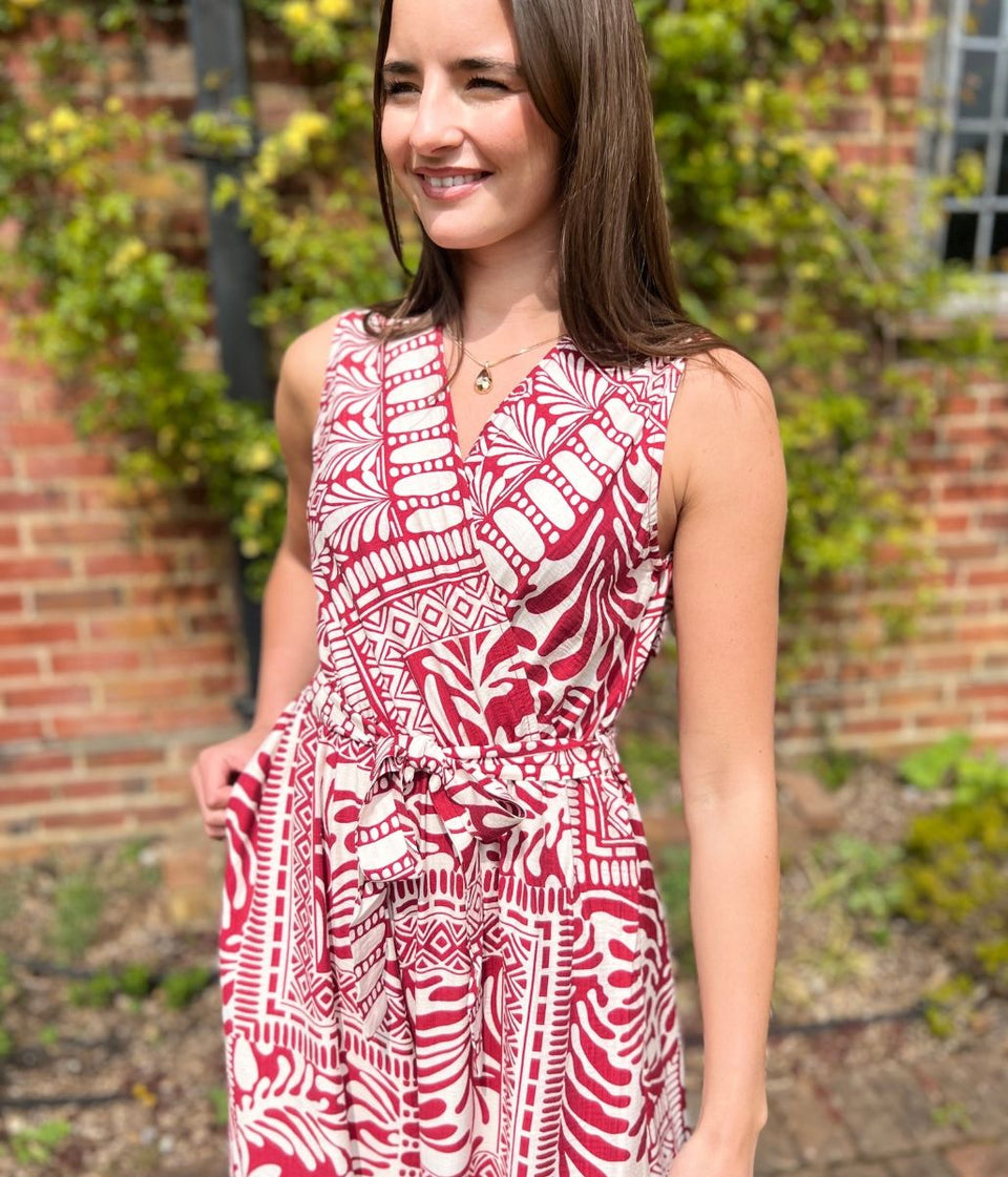 Red Geo Print Belted Jumpsuit