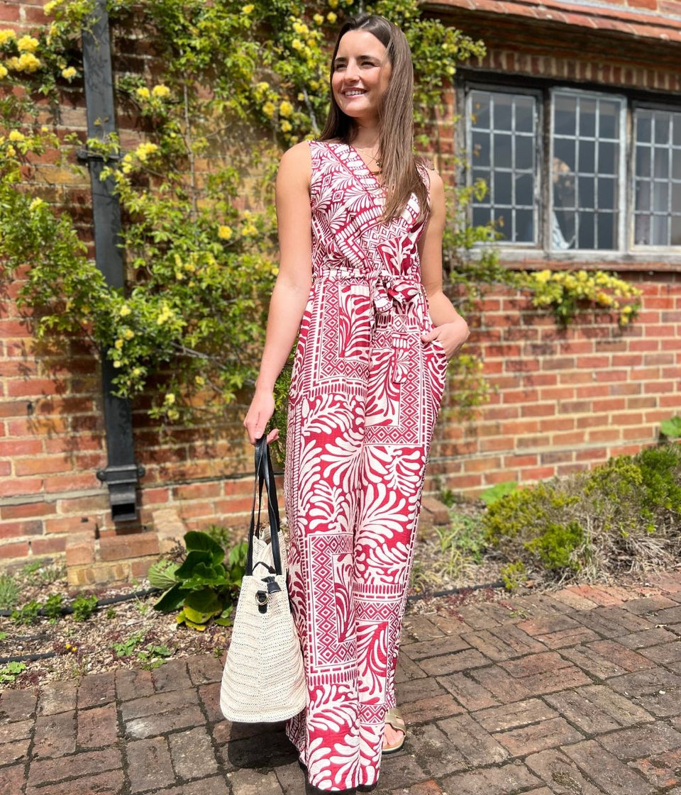 Red Geo Print Belted Jumpsuit