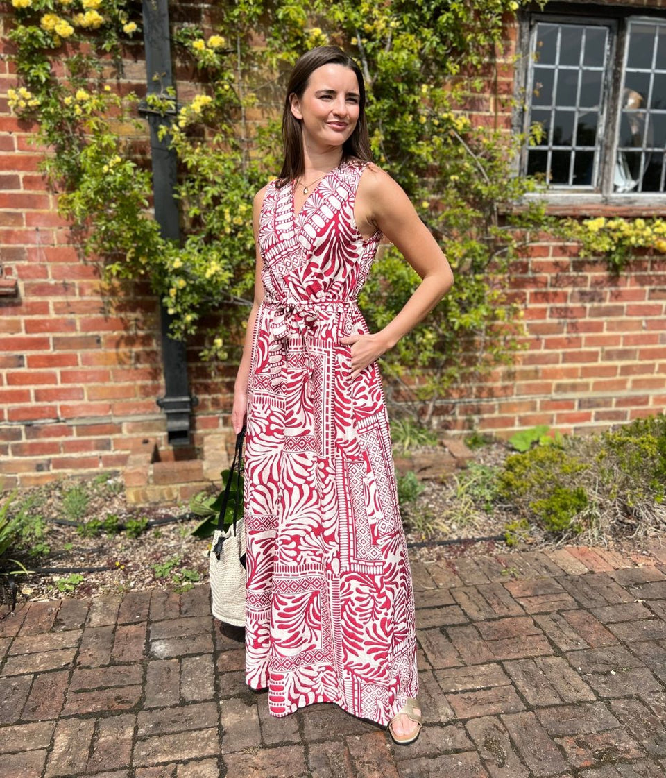 Red Geo Print Belted Jumpsuit