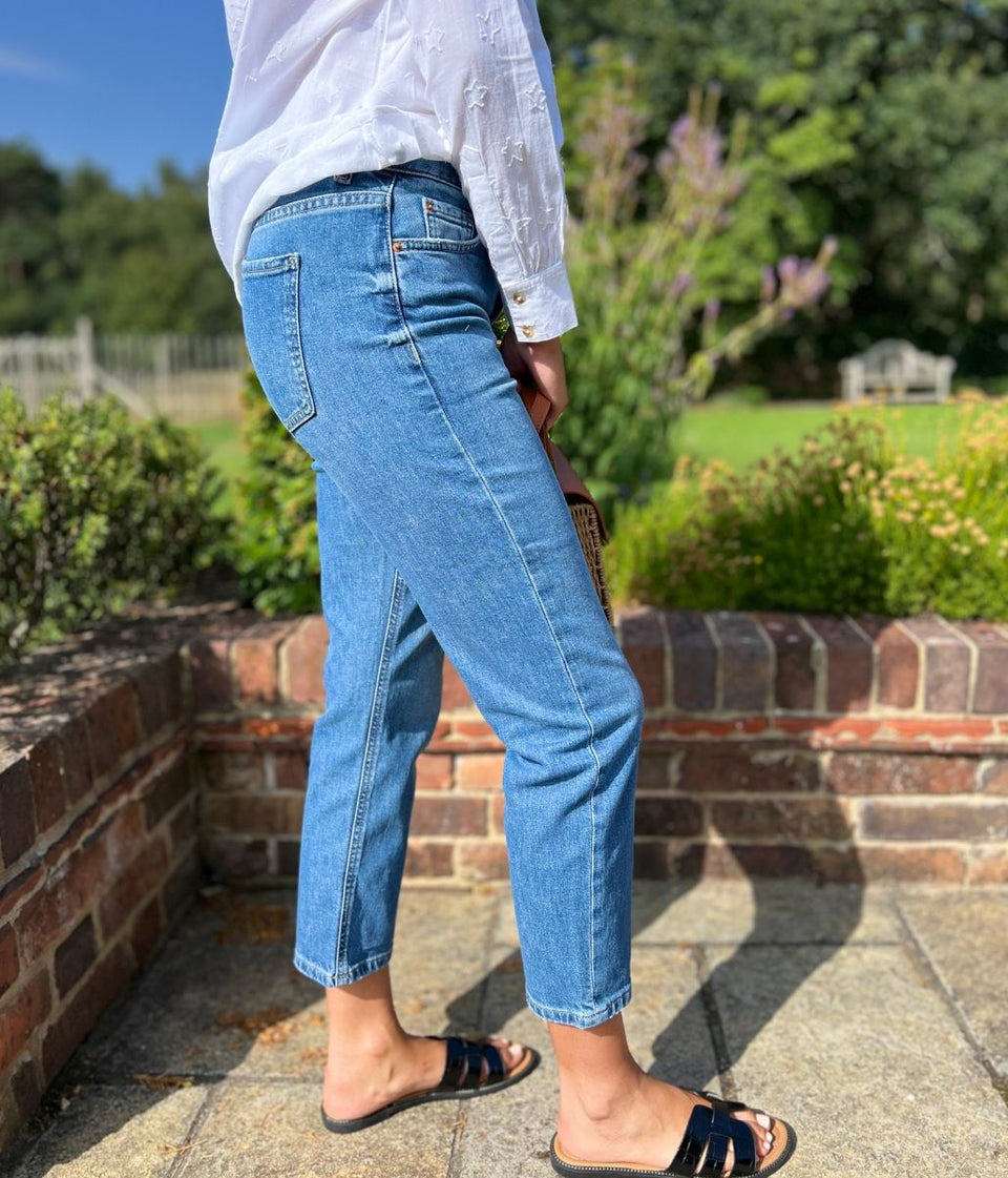 Mid Denim High Waisted Cropped Slim Fit Jeans