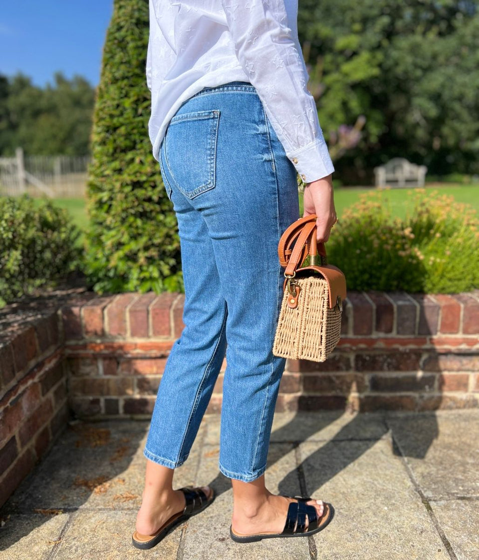 Mid Denim High Waisted Cropped Slim Fit Jeans