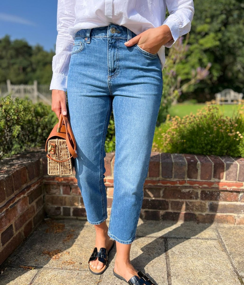 Mid Denim High Waisted Cropped Slim Fit Jeans