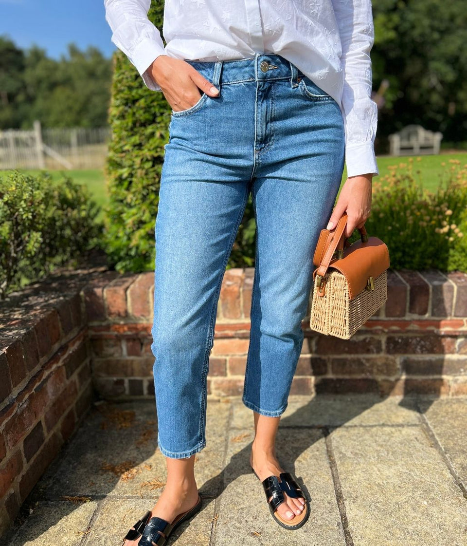 Mid Denim High Waisted Cropped Slim Fit Jeans