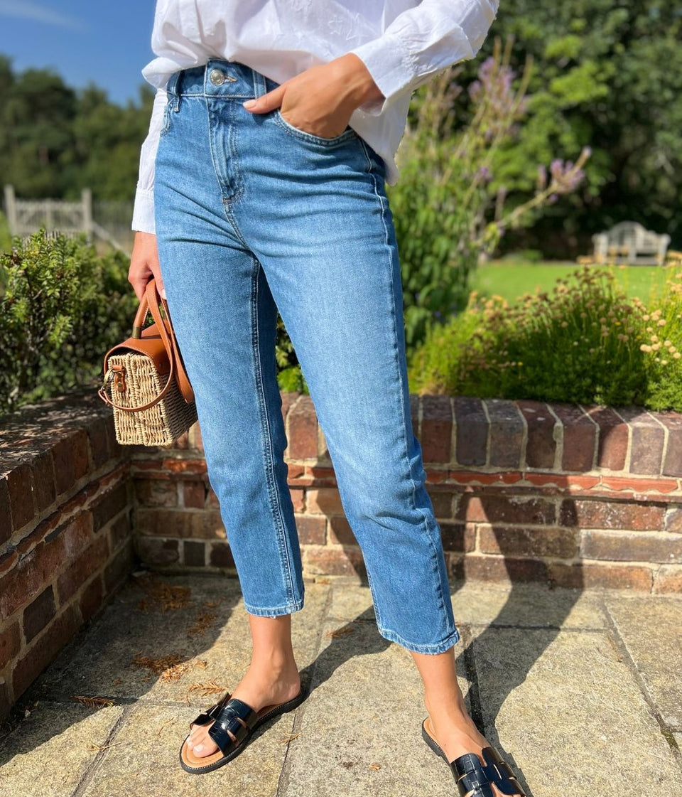 Mid Denim High Waisted Cropped Slim Fit Jeans