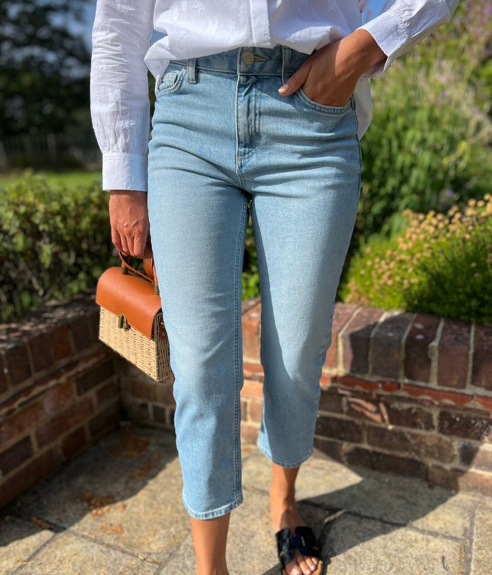 Light Denim High Waisted Cropped Slim Fit Jeans