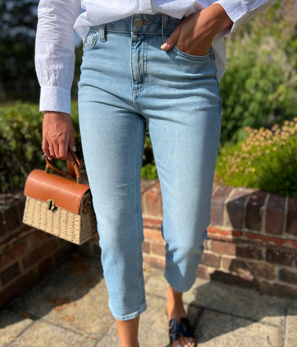 Light Denim High Waisted Cropped Slim Fit Jeans