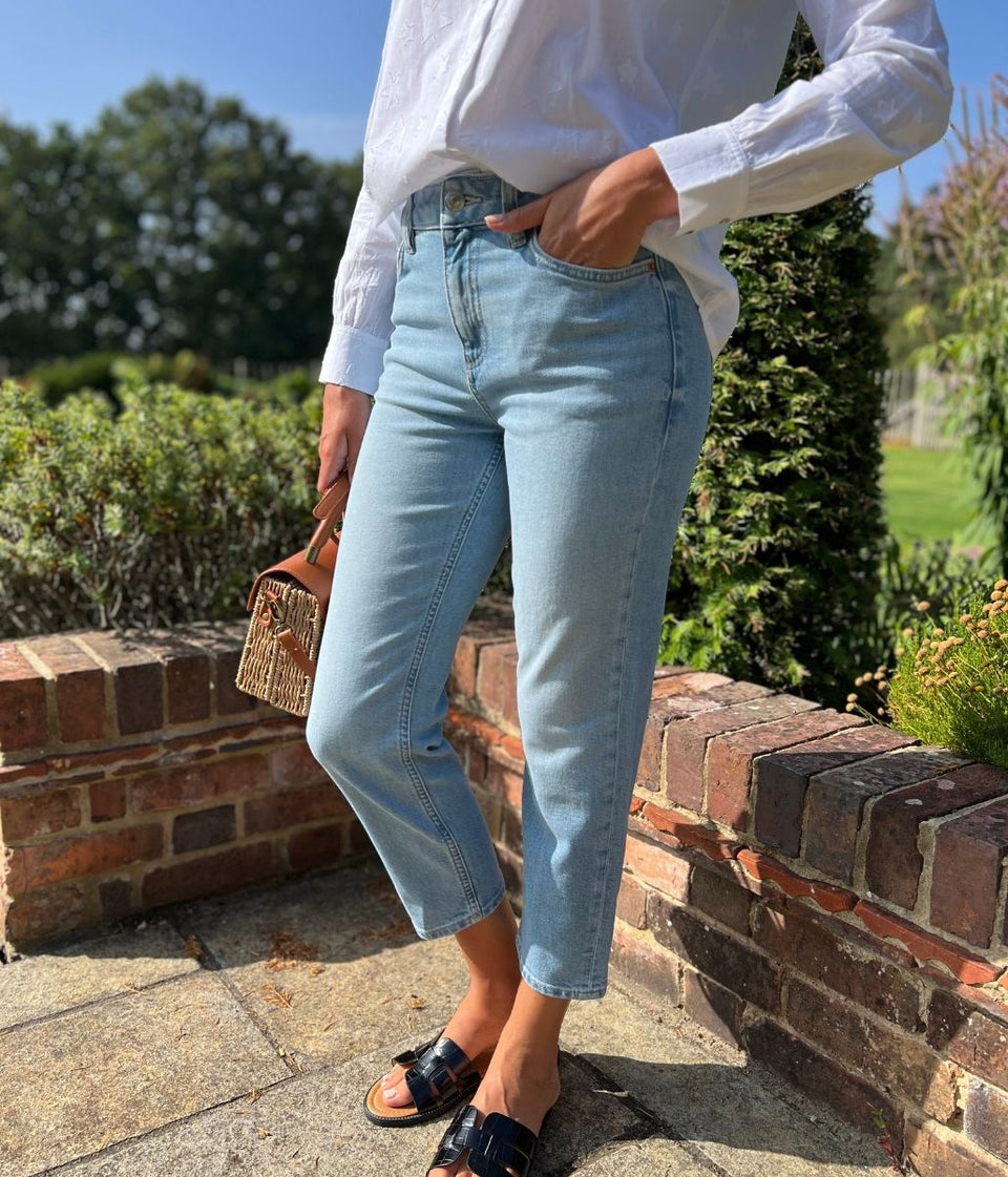 Light Denim High Waisted Cropped Slim Fit Jeans