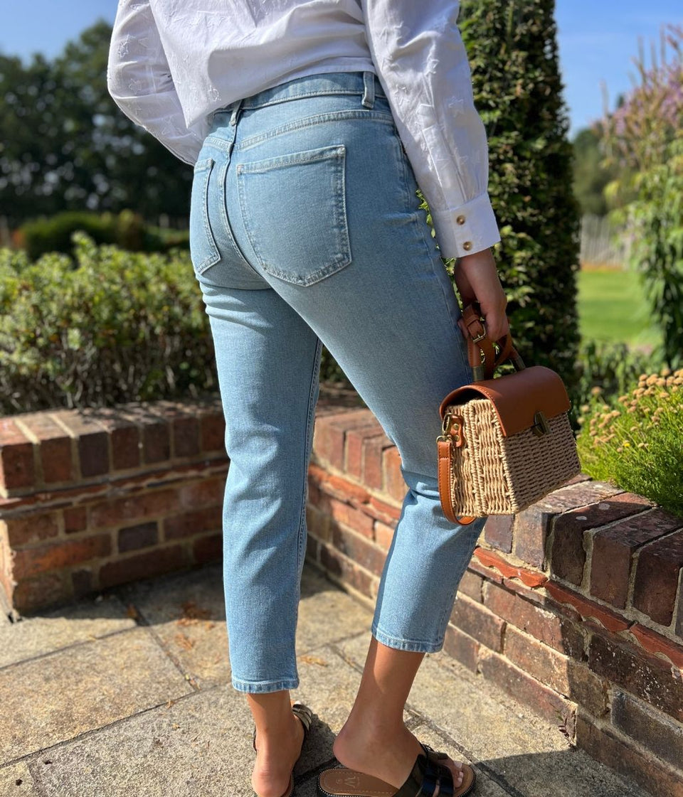 Light Denim High Waisted Cropped Slim Fit Jeans
