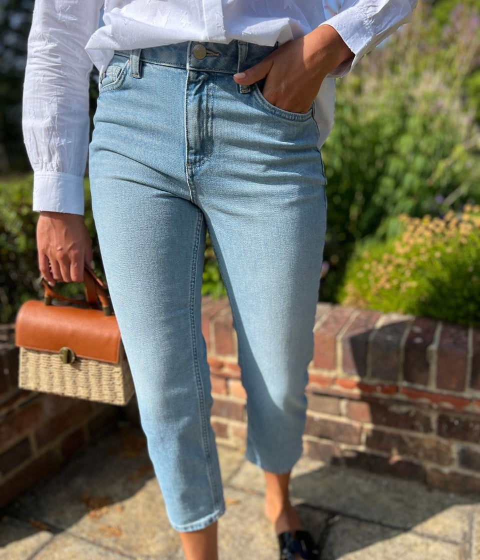 Light Denim High Waisted Cropped Slim Fit Jeans