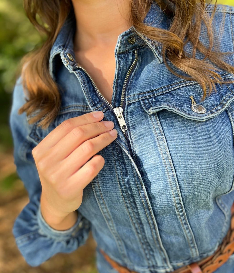 Blue Denim Zipped Cropped Jumpsuit