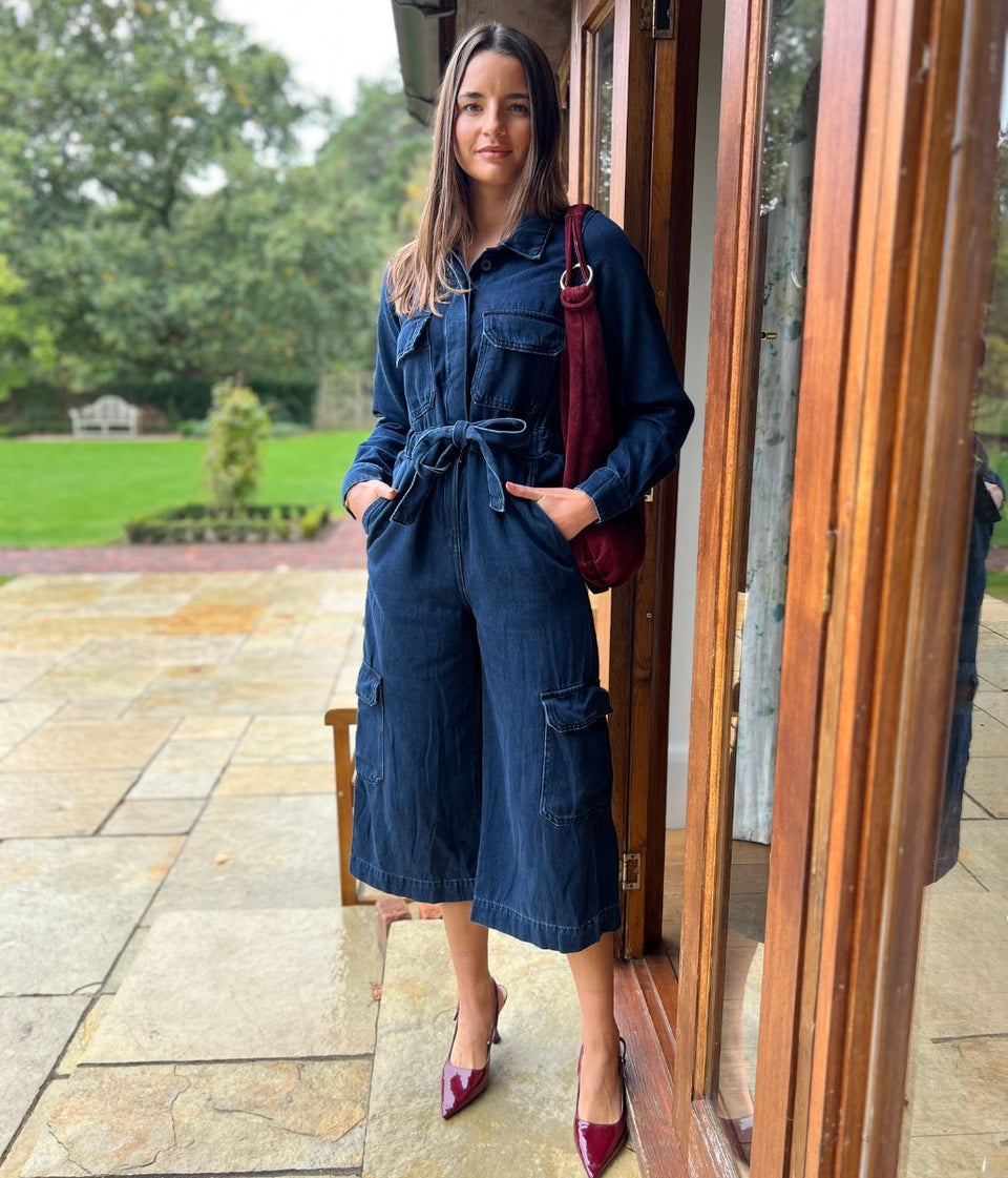 Navy Denim Cropped Jumpsuit