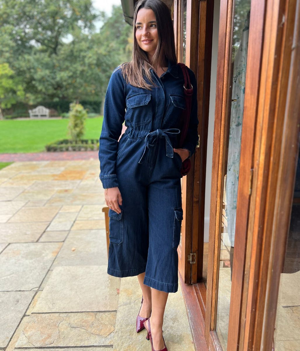 Navy Denim Cropped Jumpsuit
