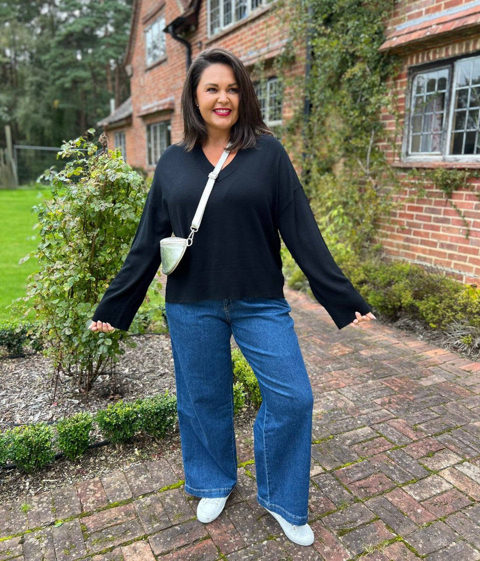Indigo High Rise Pleated Wide Leg Jeans