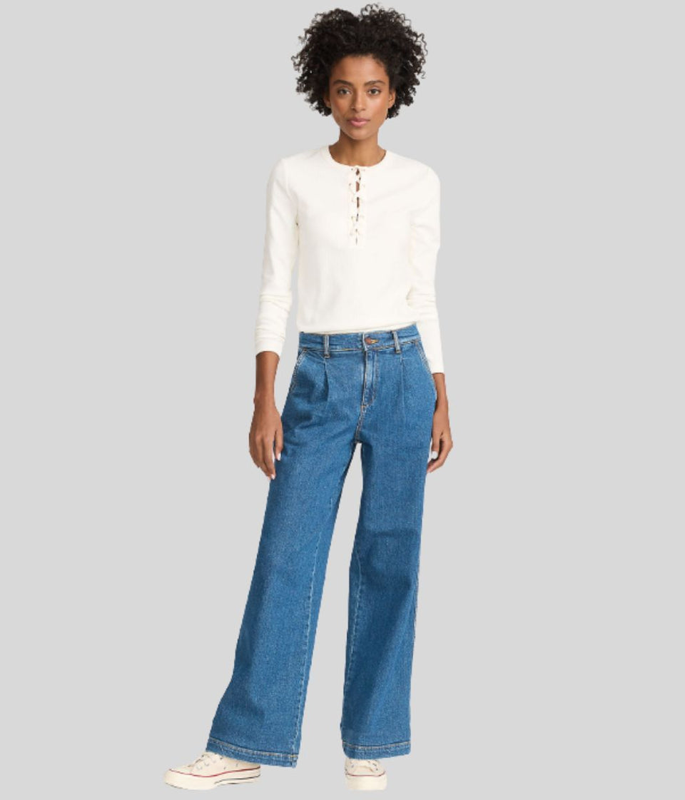 Indigo High Rise Pleated Wide Leg Jeans