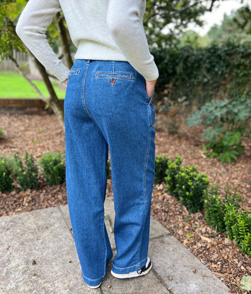 Indigo High Rise Pleated Wide Leg Jeans
