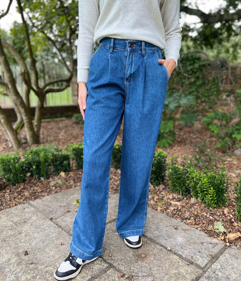 Indigo High Rise Pleated Wide Leg Jeans