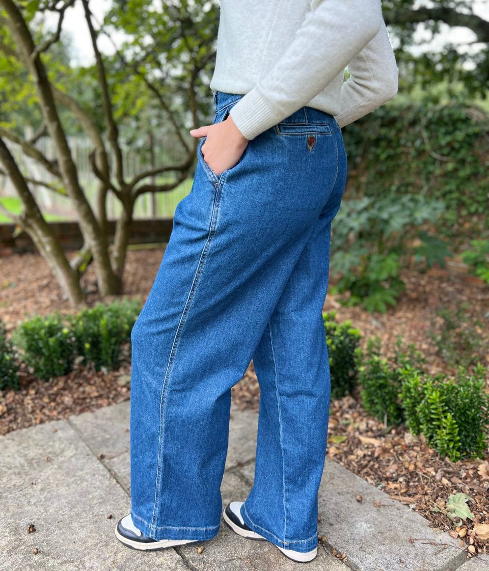 Indigo High Rise Pleated Wide Leg Jeans