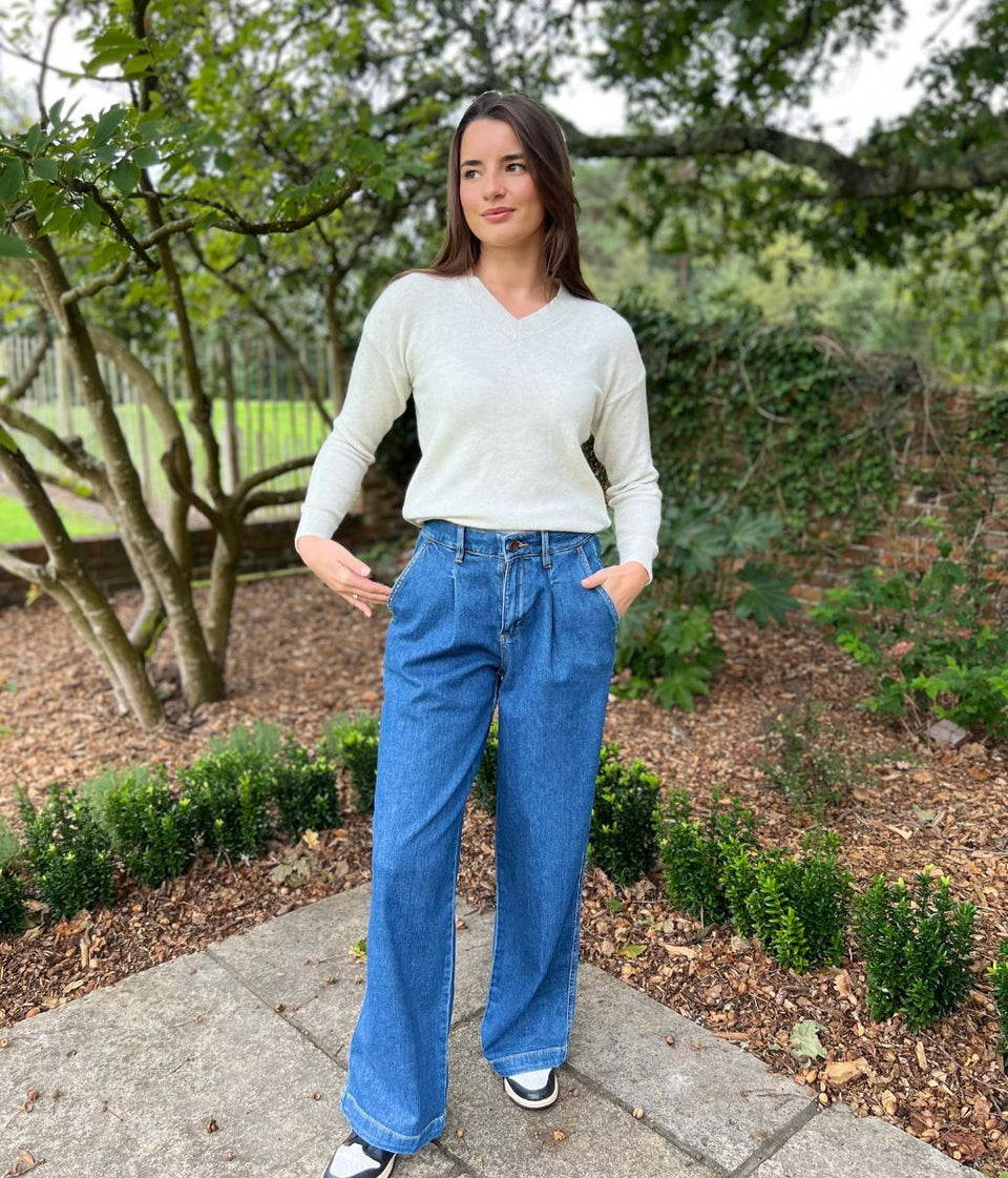 Indigo High Rise Pleated Wide Leg Jeans