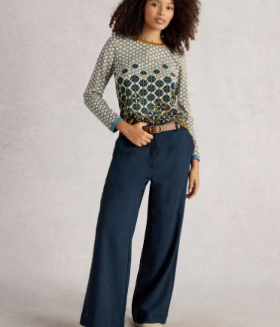 Navy Belle Tweedy Wide Leg Trousers