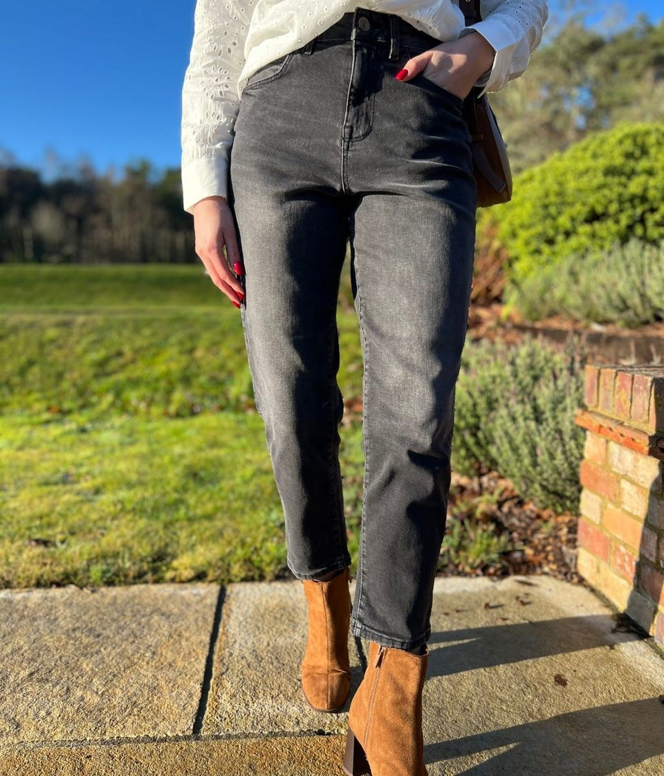 Black Faded Wash Ankle Grazer Mom Jeans