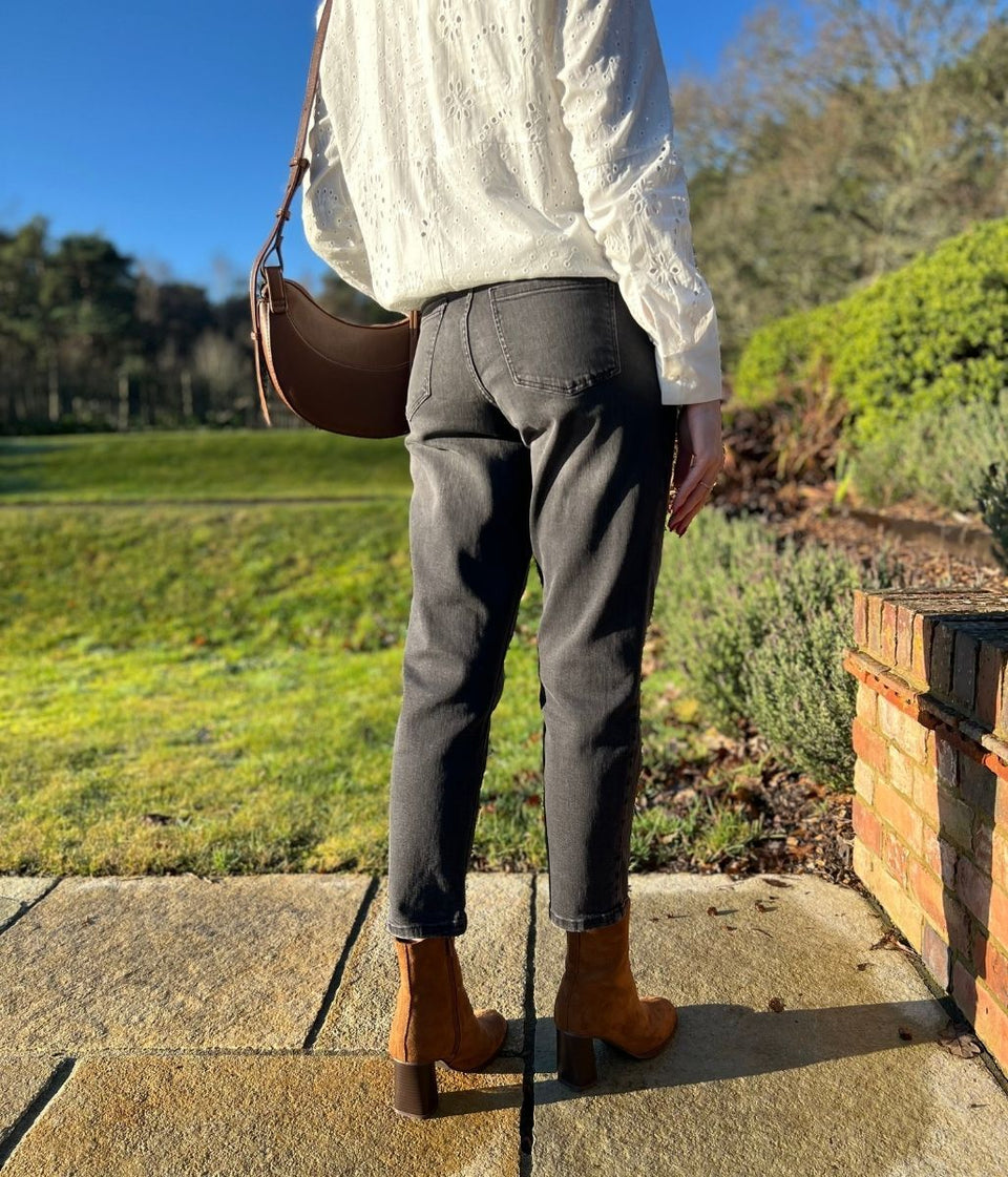 Black Faded Wash Ankle Grazer Mom Jeans