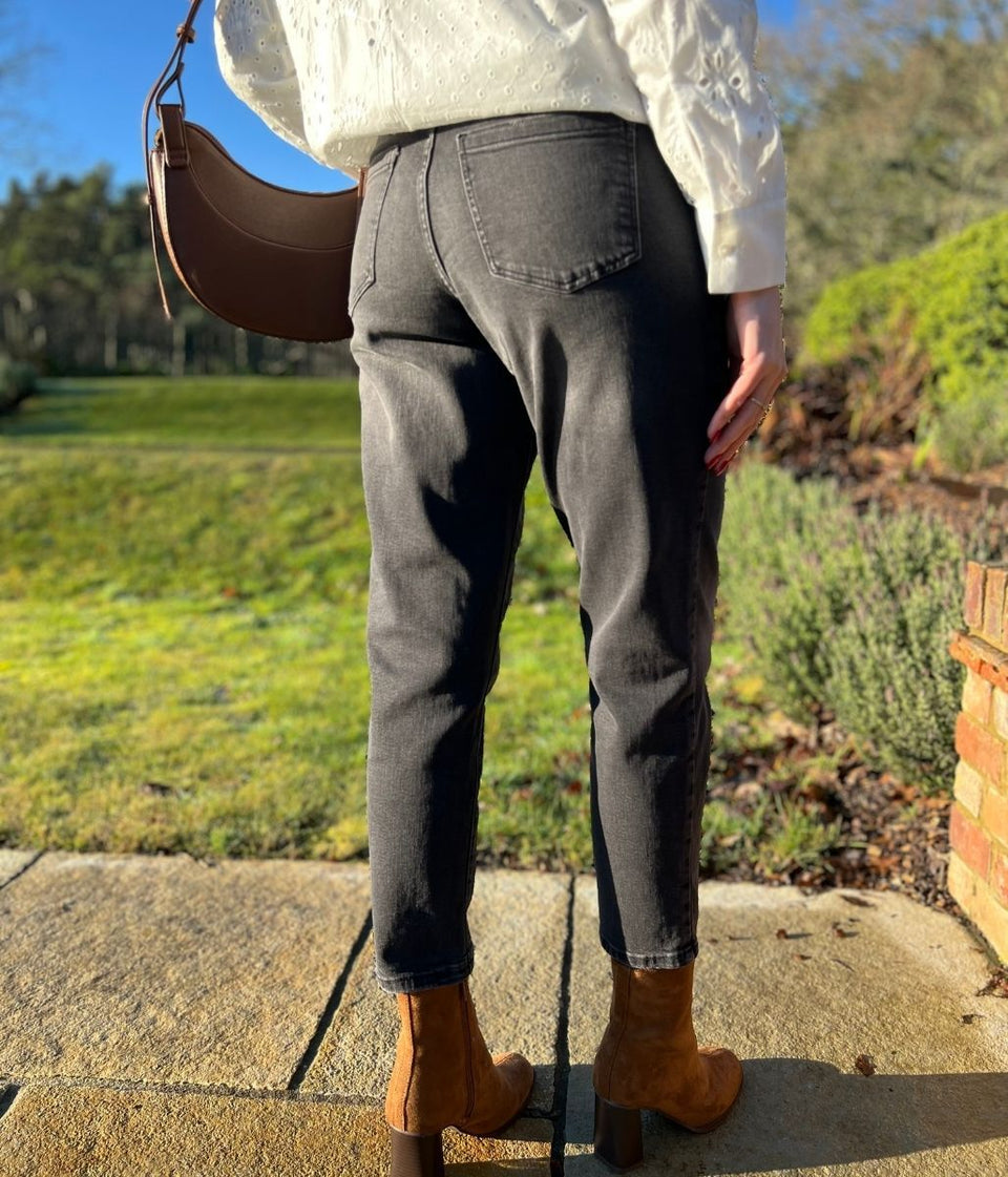 Black Faded Wash Ankle Grazer Mom Jeans